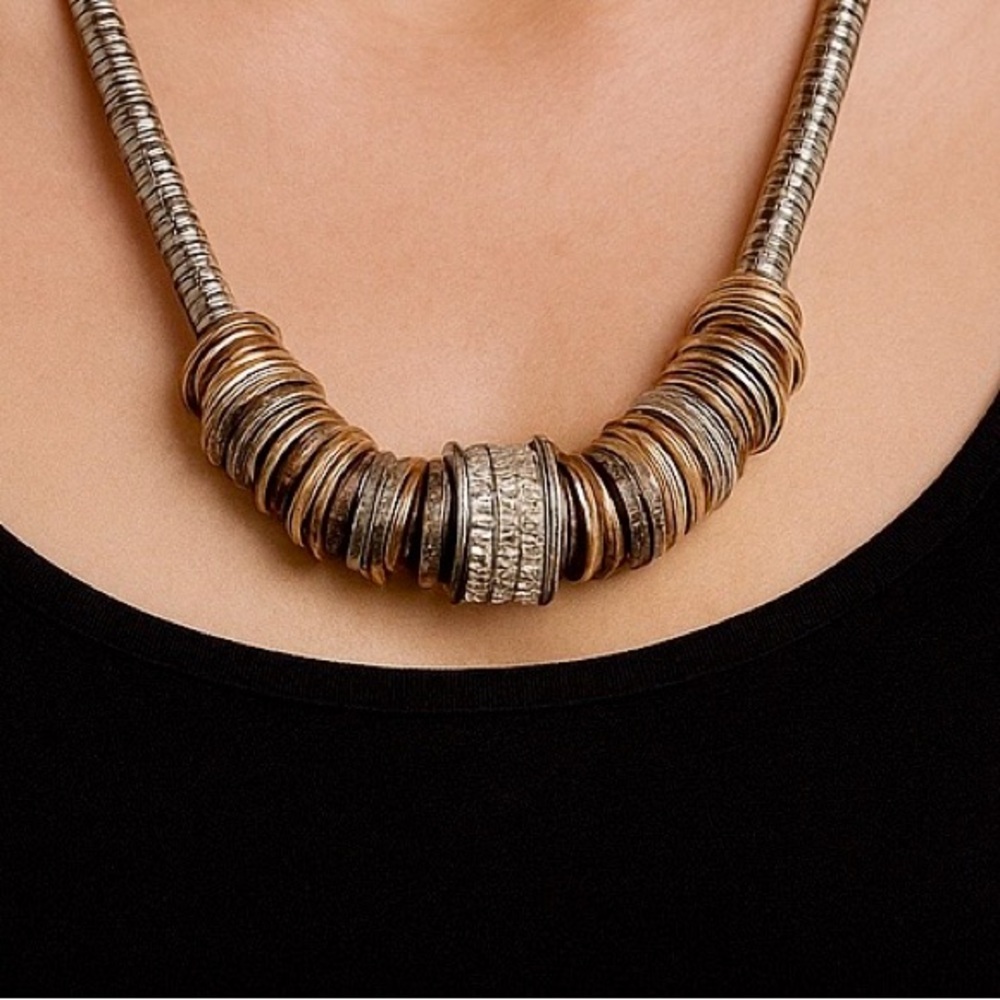 Industrial Mixed Metal Snake Chain Statement Necklace Rhinestone Barrel Accent